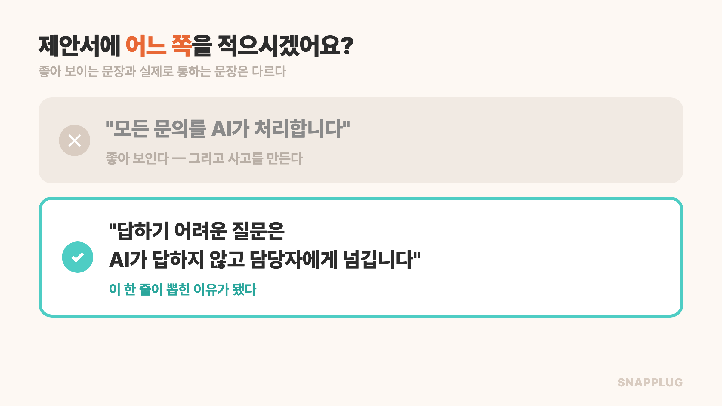 제안서에 어느 쪽을 적으시겠어요 — 모든 문의를 AI가 처리합니다 vs 답하기 어려운 질문은 담당자에게 넘깁니다